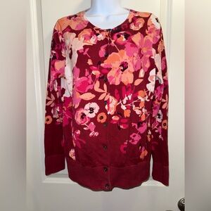 Lands End Red Pink Floral Button-Up Cardigan Size Medium 100% Cotton